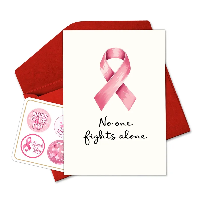No one fights alone Card – Pink watercolor ribbon with No one fights alone text on cream card – Greeting Card in natural