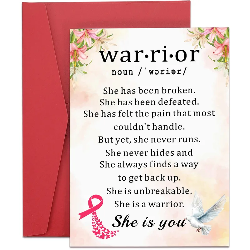 Warrior noun ˈwôrēər Card – Dictionary definition of warrior with pink lilies and butterfly ribbon – Greeting Card in natural