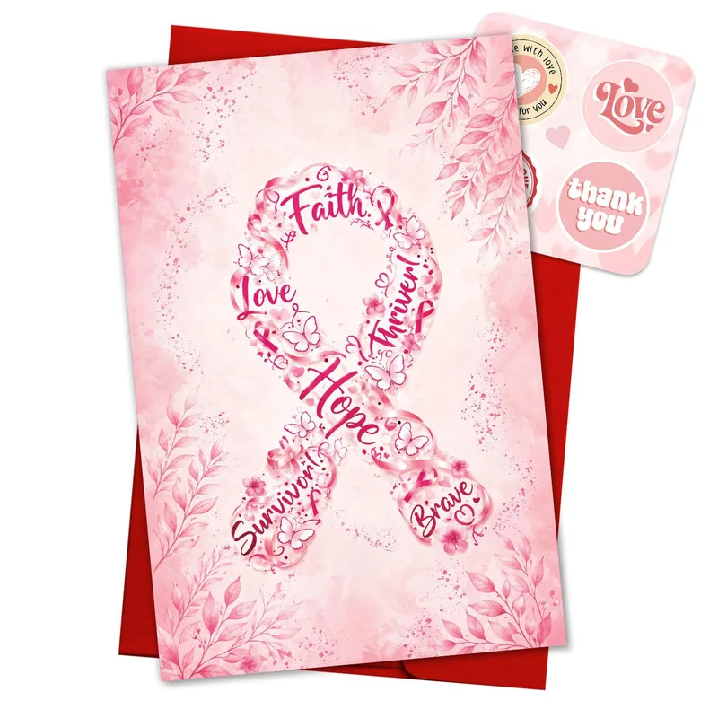 Faith Love Thrive Hope Card – Pink ribbon with Faith Love Hope Survivor Brave written inside – Greeting Card in natural