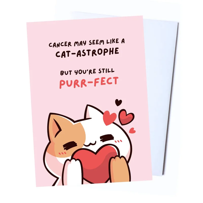 Cat Pink Heart Cancer Support Card for a Purr-fect Friend