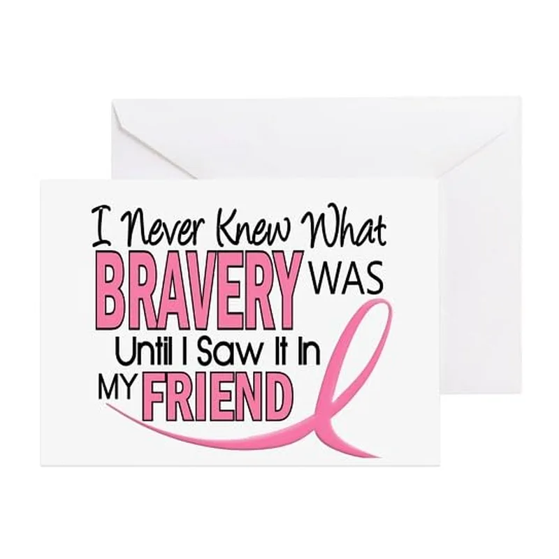 Pink Ribbon Gray Cancer Support Card – Friend bravery quote card with pink ribbon graphic – Greeting Card in natural