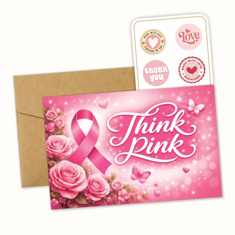 Roses Ribbon Scene Cancer Support Card: Think Pink Design