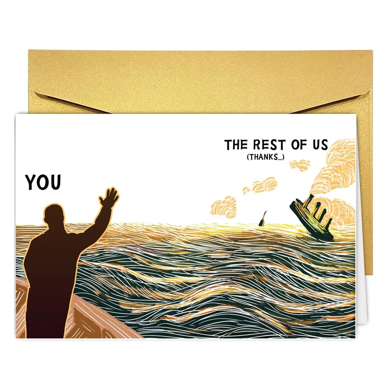 Sarcastic Thank You Card with a Sinking Ship and a Waving Silhouette
