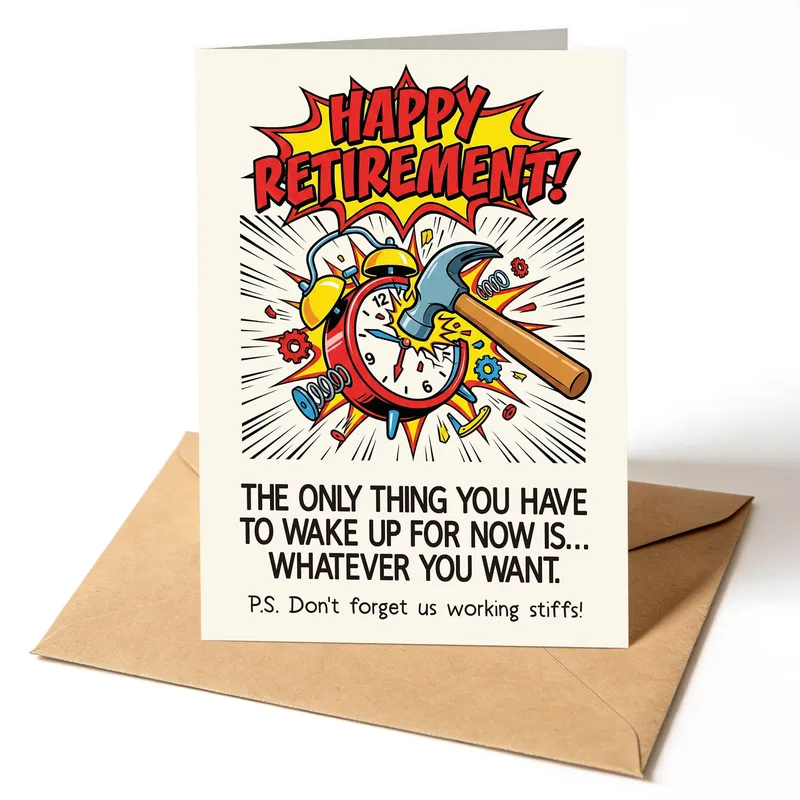 Retirement Wake Up Card: Alarm Clock Smashed by a Hammer