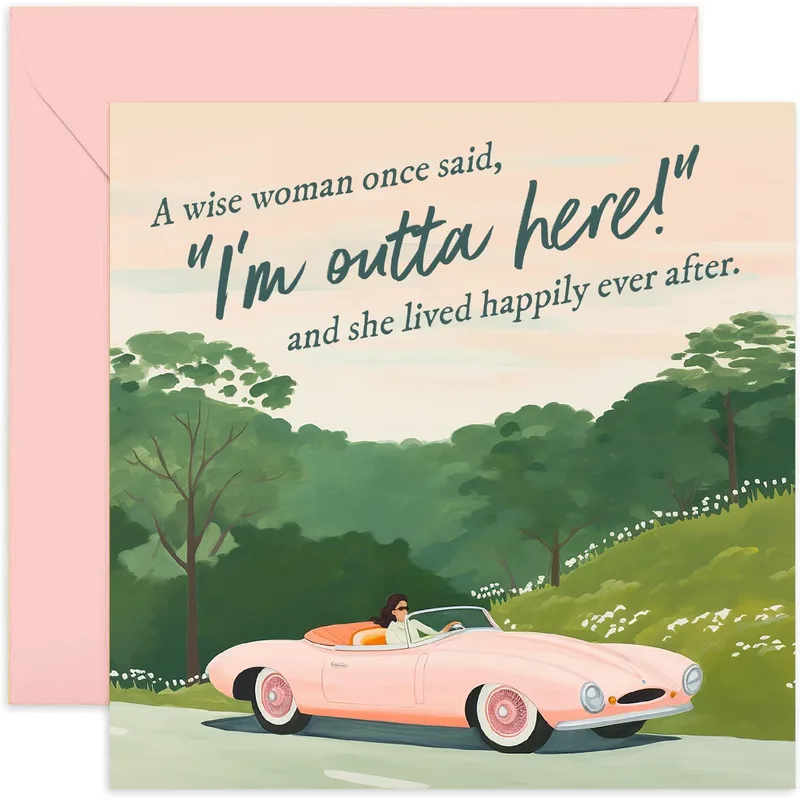Woman Leaving Work Card – Pink vintage convertible with “I’m outta here!” printed text – Greeting Card in black