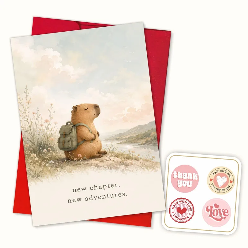 Capybara Adventure Card: A Calm Farewell Greeting for New Beginnings