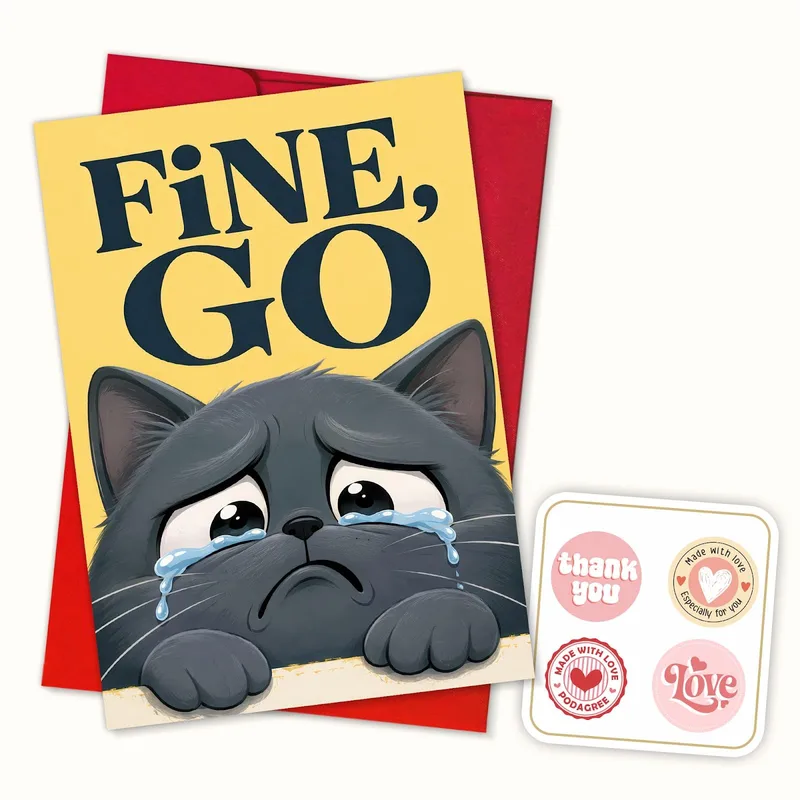Crying Cat Card – Gray cat with tears and the words FiNE, GO – Greeting Card in black