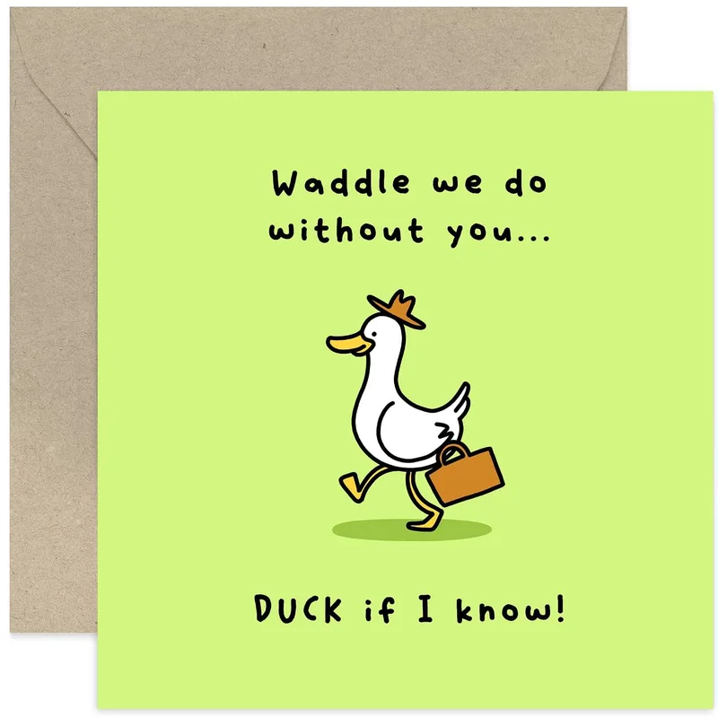Duck Briefcase Card – Cartoon duck with briefcase; Waddle we do without you... DUCK if I know! – Greeting Card in black