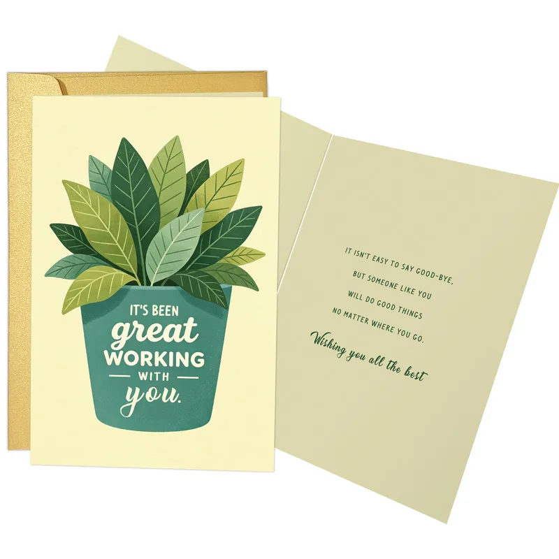 Working with You Card: A Green Potted Plant Farewell