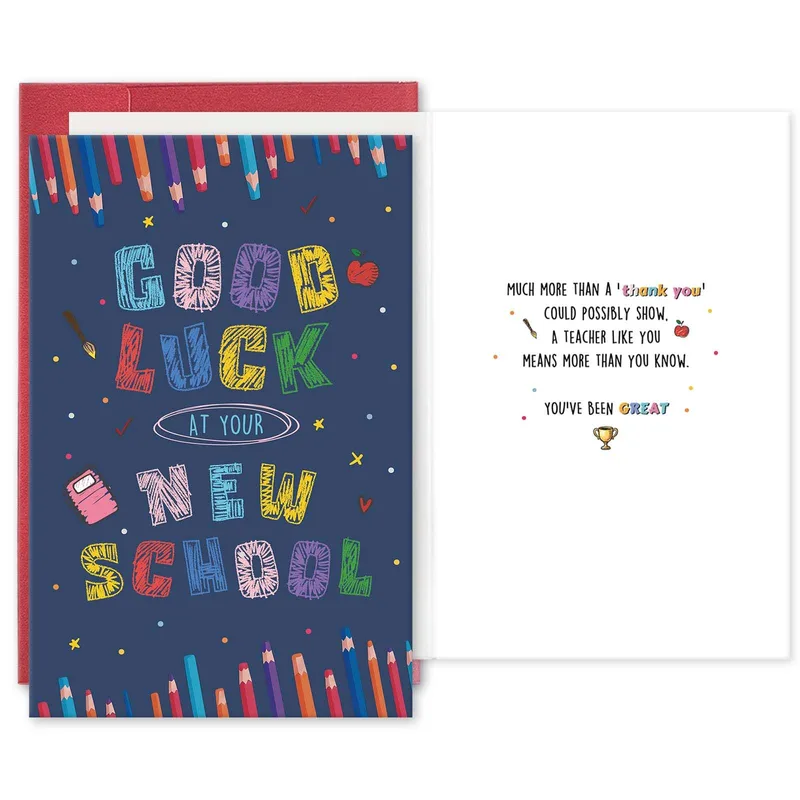 Teacher Farewell Card – Navy card with rainbow pencils and GOOD LUCK AT YOUR NEW SCHOOL – Greeting Card in black