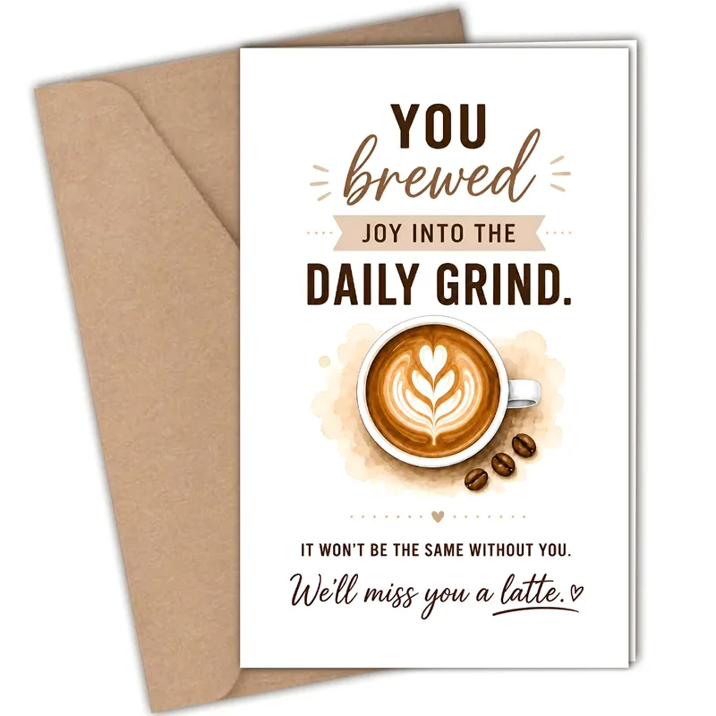 Coffee Farewell Card – Latte art mug with text You brewed joy into the daily grind – Greeting Card in natural