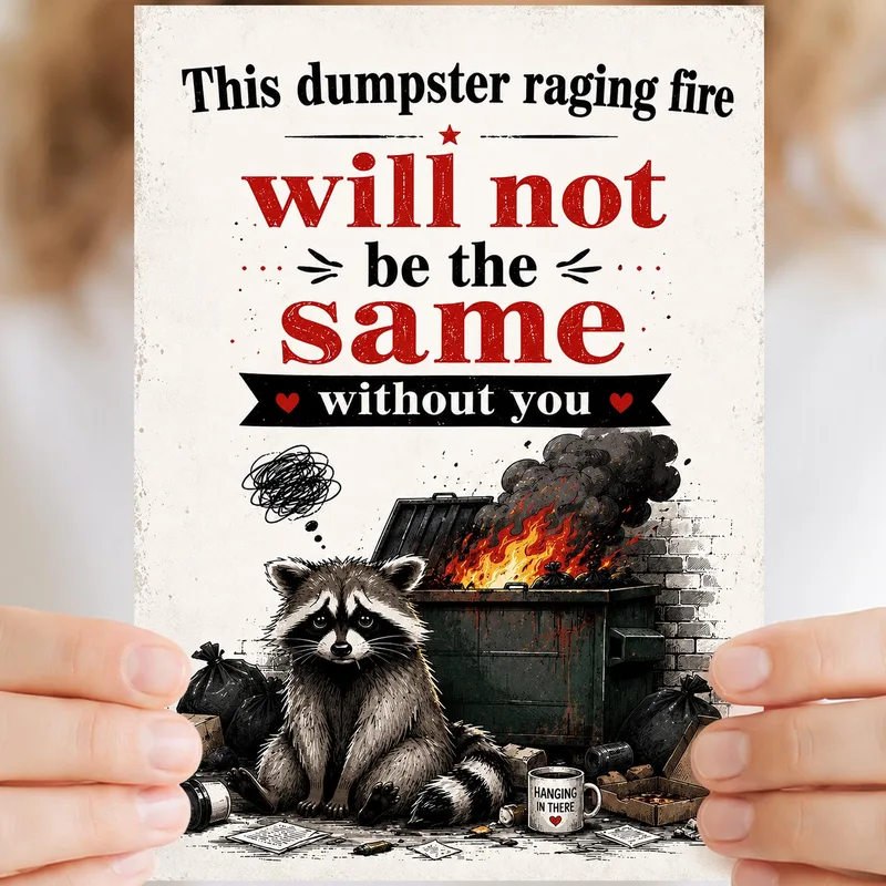 Raccoon Goodbye Card: a dumpster fire that will miss you