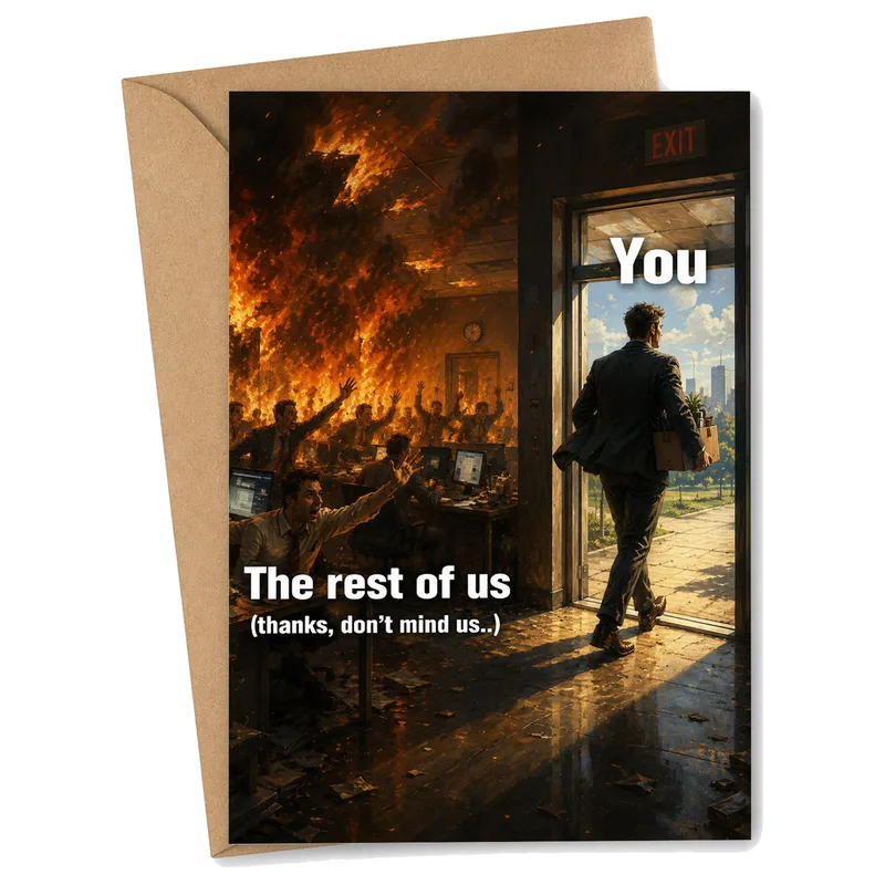 Escaping Burning Office Card: A Farewell That Walks Out Laughing