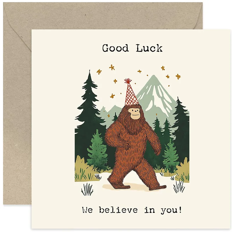 Bigfoot Good Luck Card: A Party Hat Sasquatch Cheers You On