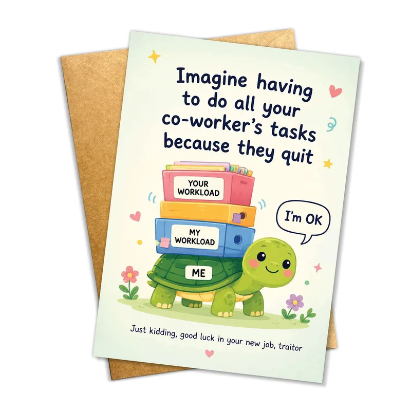 Quitting Coworker Card: A Turtle Stacked With Work