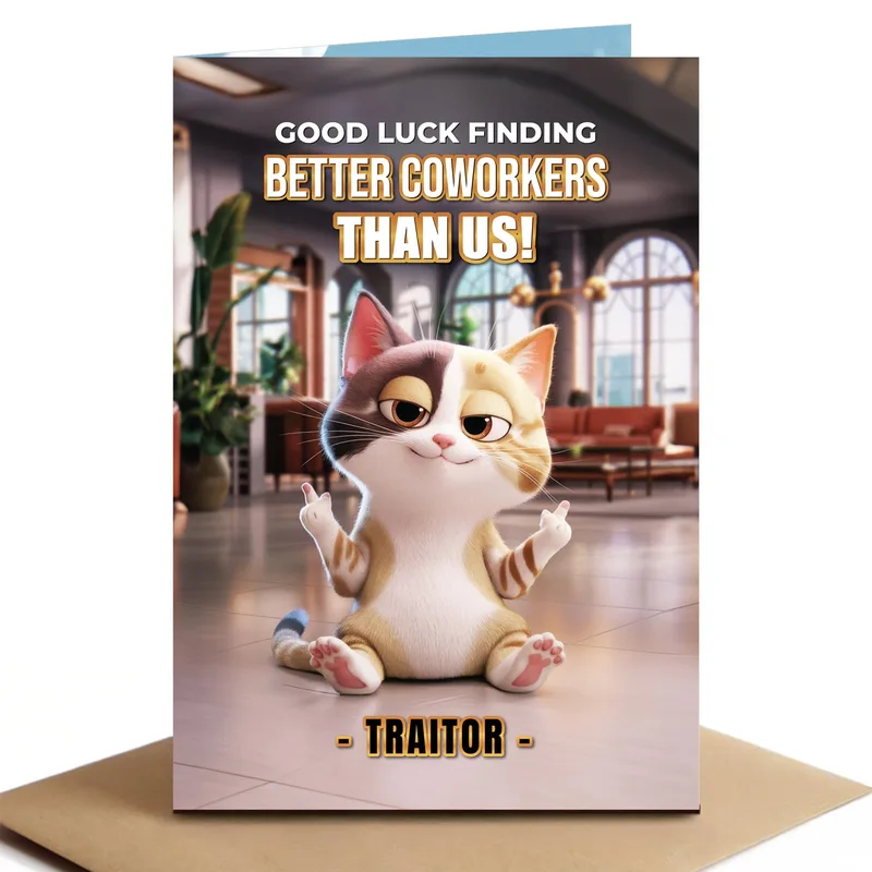 Cartoon Cat Middle Fingers Card for Coworkers Who Are Leaving