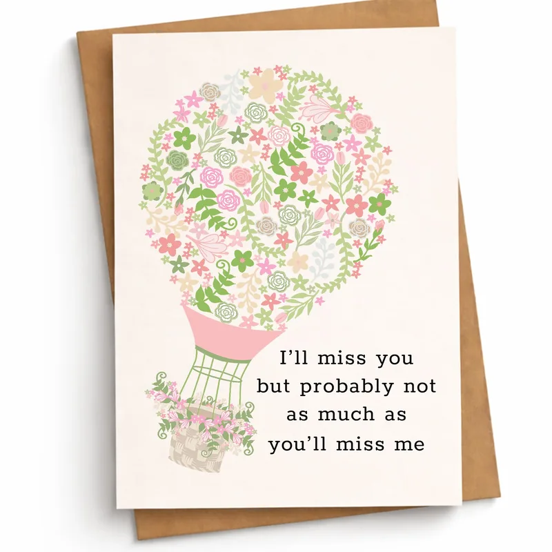 I'll Miss Card: Pastel Floral Hot Air Balloon Retirement