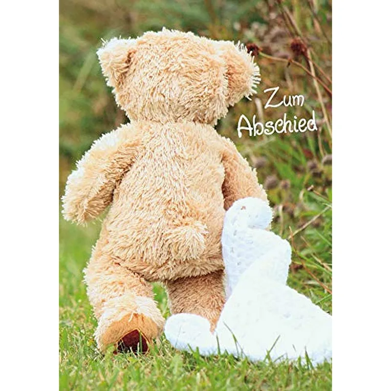 Holding Heart Grass Farewell Card – Teddy bear holding white heart in grass with Zum Abschied text – Greeting Card in natural