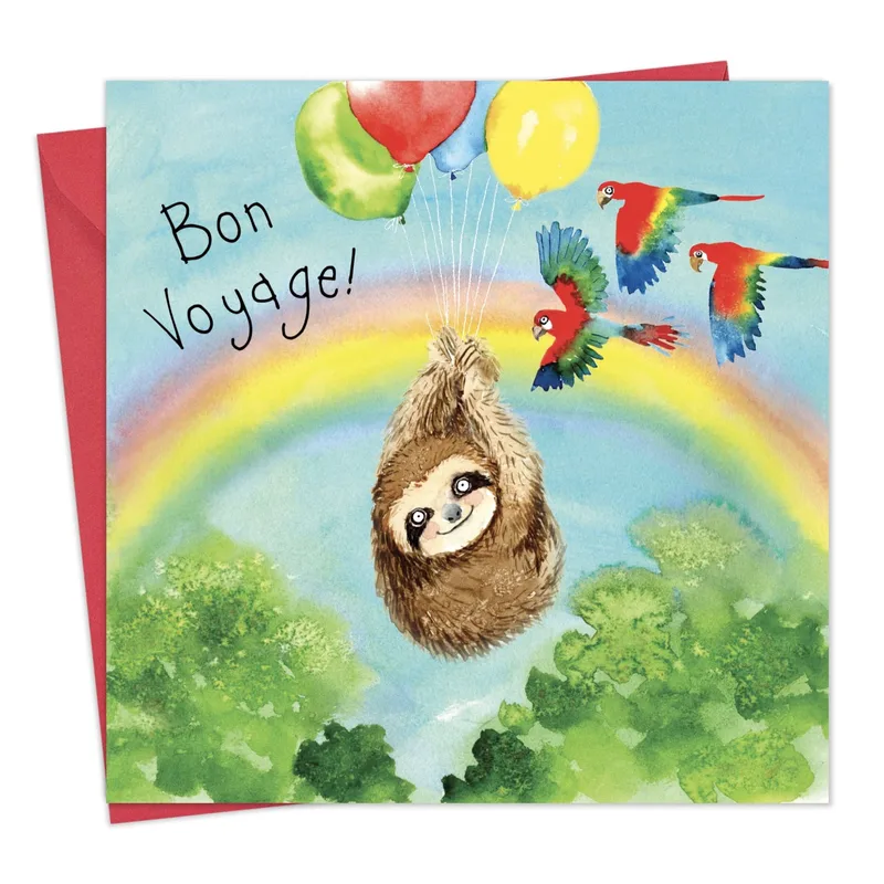 Sloth Balloons Farewell Card: Bon Voyage Watercolor Art