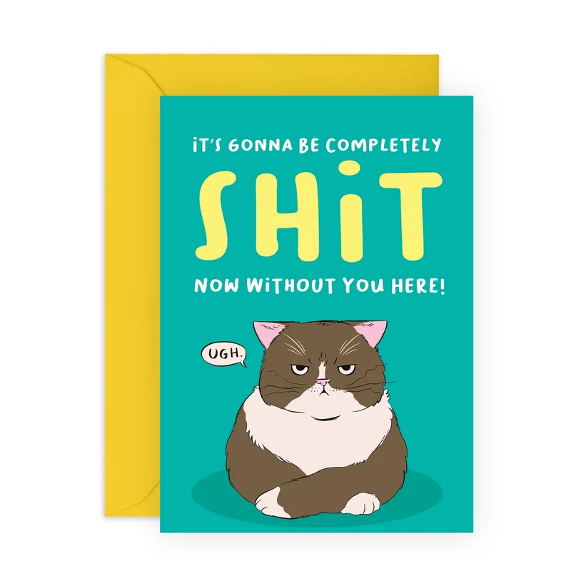 Brown White Cat Farewell Card with grumpy cat illustration