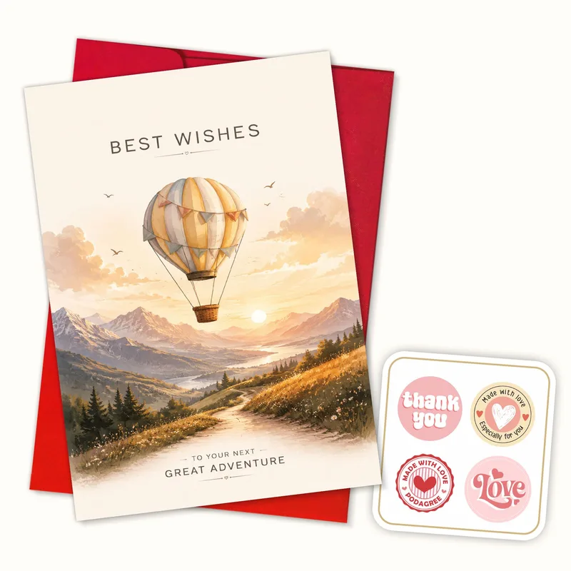 Balloon Mountain Sunset Farewell Card for Departing Coworkers