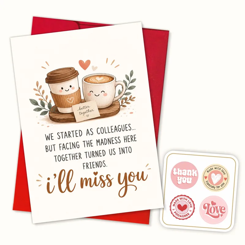 Cups Floral Border Farewell Card features cute coffee cups
