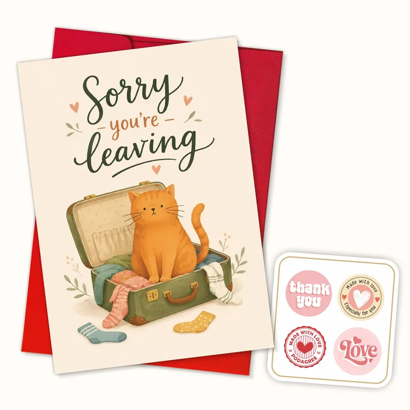 Cat Suitcase Pink Farewell Card for a Coworker Moving On