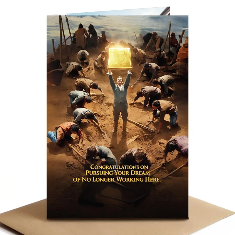 Lantern Dark Cave Farewell Card features a man holding