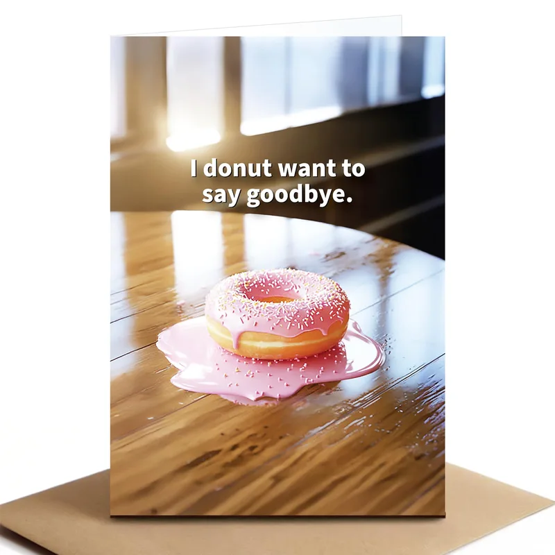 Wooden Table Photo Farewell Card for a Melting Donut