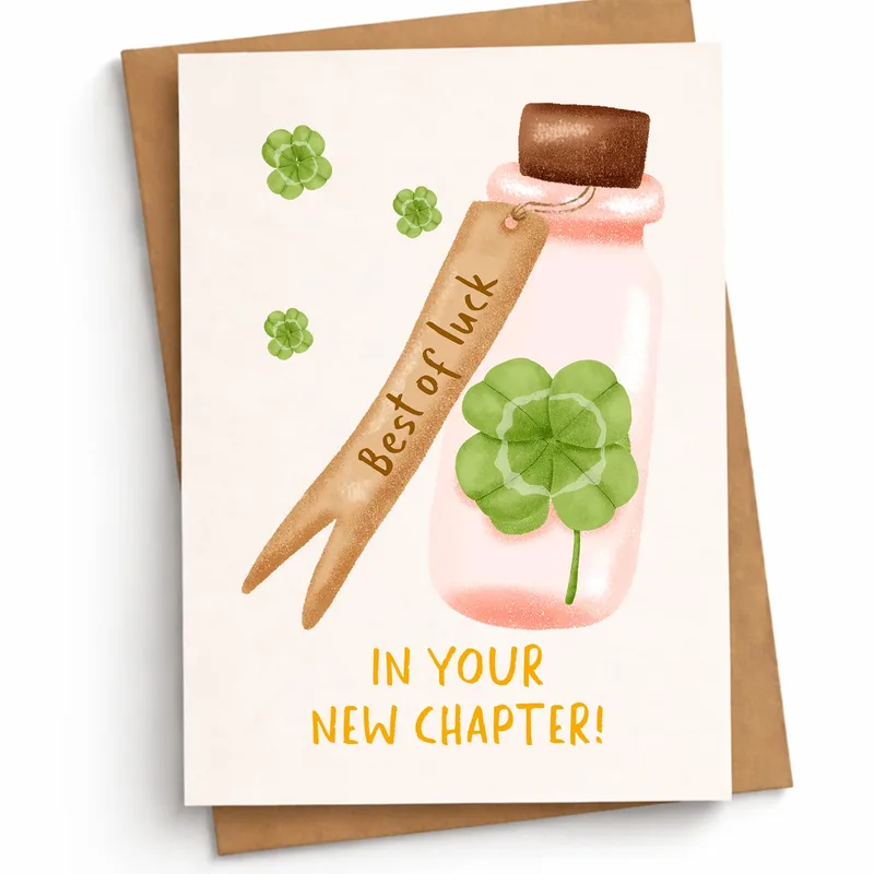Pink Bottle Clover New Job Card: A Watercolor Wish for Success