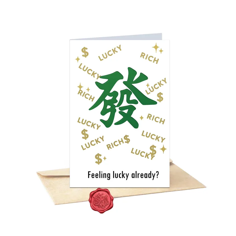 Fa Lucky Charm Good Luck Card – Green Fa character with Lucky Rich text and dollar signs – Greeting Card in natural