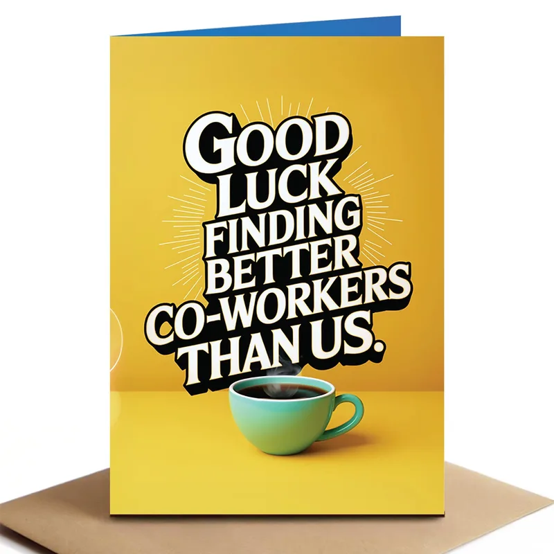 Teal Coffee Cup Good Luck Card for a Funny Farewell
