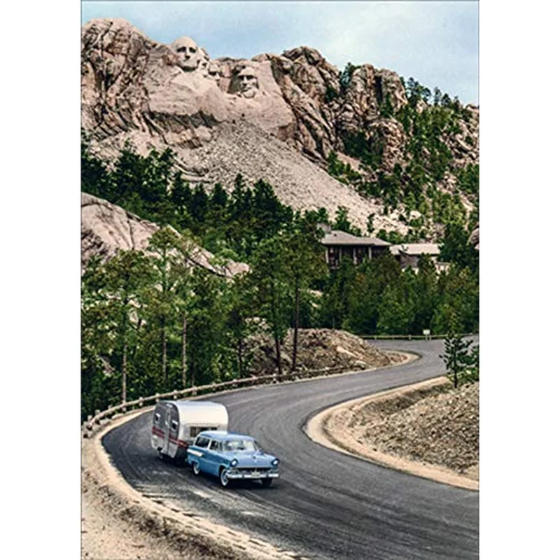 Road Blue Car Farewell Card: A Vintage Drive Past Mount Rushmore