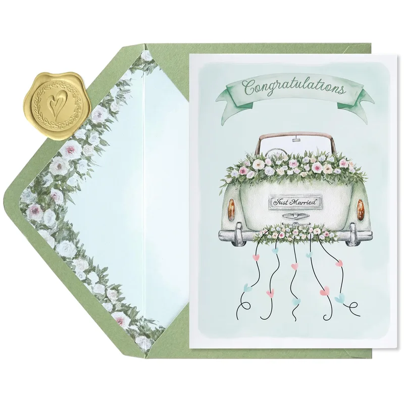 Wedding Day Card: Mint Vintage Car with Blossoms