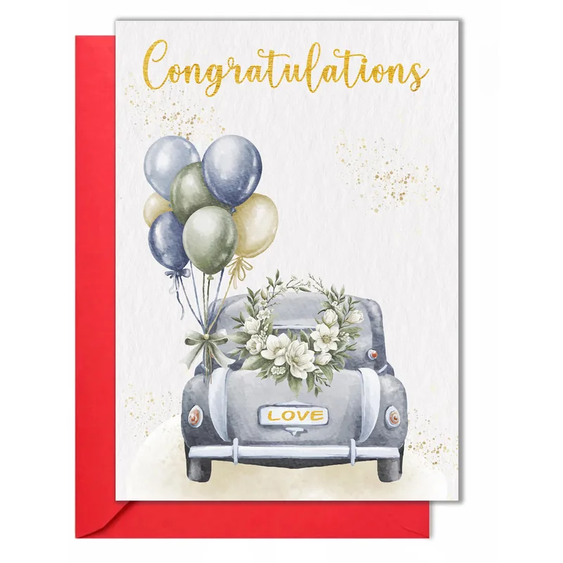 Wedding Congratulations Card with a Blue Watercolor Car