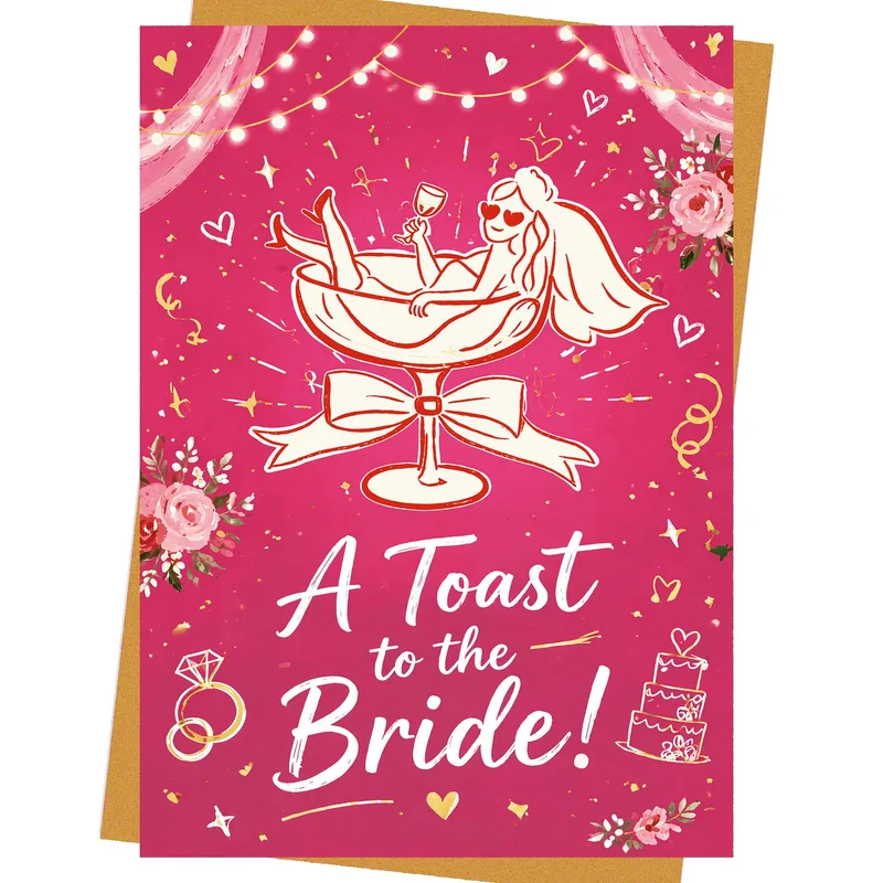 Wedding Toast Card – Pink card reading A Toast to the Bride with a bride in a glass – Greeting Card in black