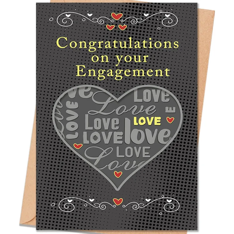 Engaged Couple Card – Congratulations on your Engagement card with Love heart – Greeting Card in black