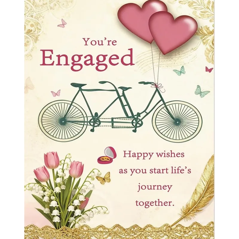 Starting Life's Journey Card – Vintage tandem bicycle with hearts, You’re Engaged greeting card – Greeting Card in black