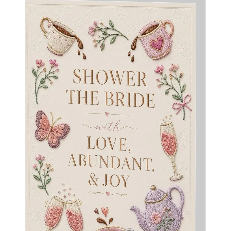 Bride Shower Card featuring embroidered teacups