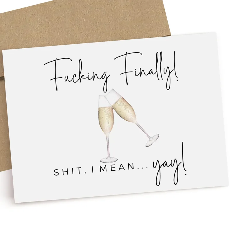 Finally Wedding Card with Champagne Flutes and a Playful Line