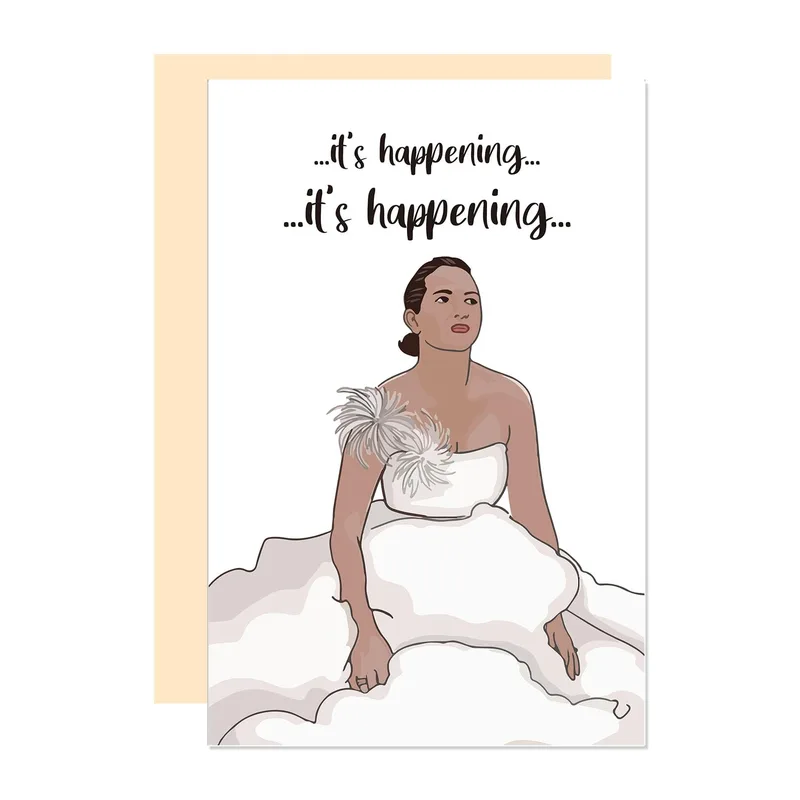 Its Happening Wedding Card: Bride in Gown with Repeating Phrase