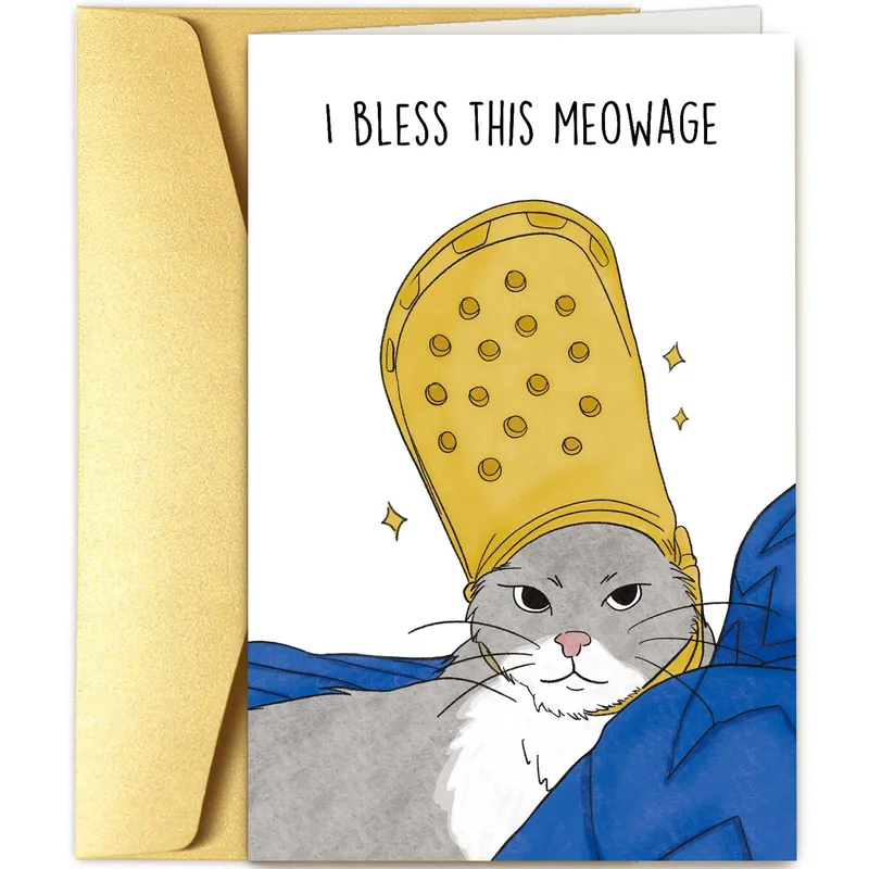 Cat Blessing Card: A Grumpy Cat Under a Golden Mitre