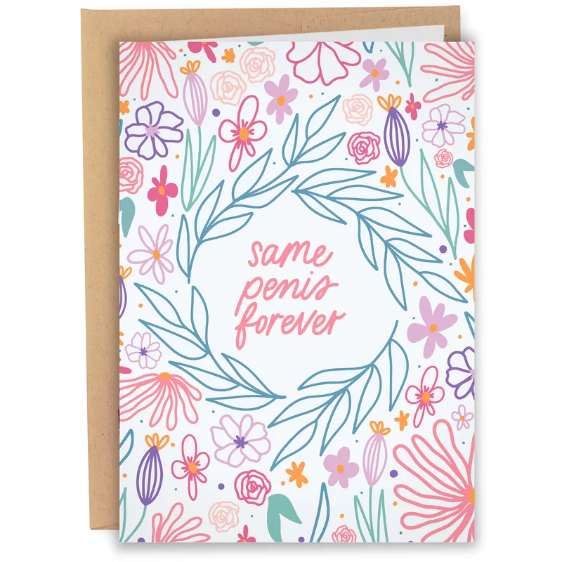 Same Partner Forever Card – Pastel floral wreath with pink script reading same penis forever – Greeting Card in black