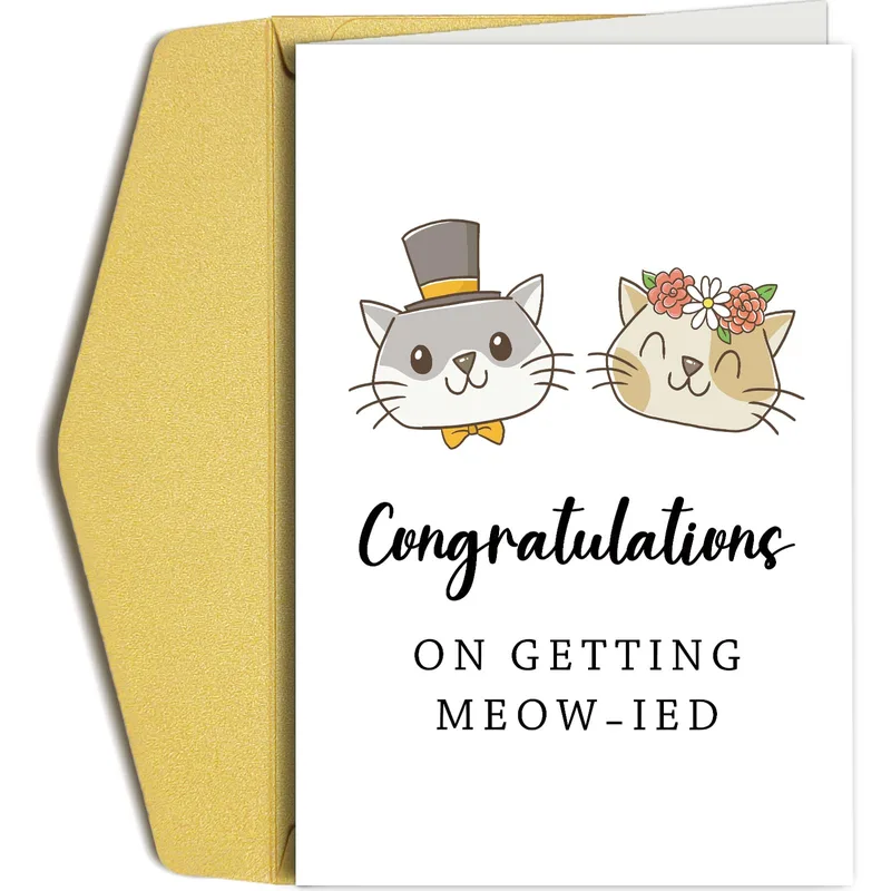 Newlywed Cats Card – Congratulations on getting meow-ied, cartoon cats in wedding attire – Greeting Card in black