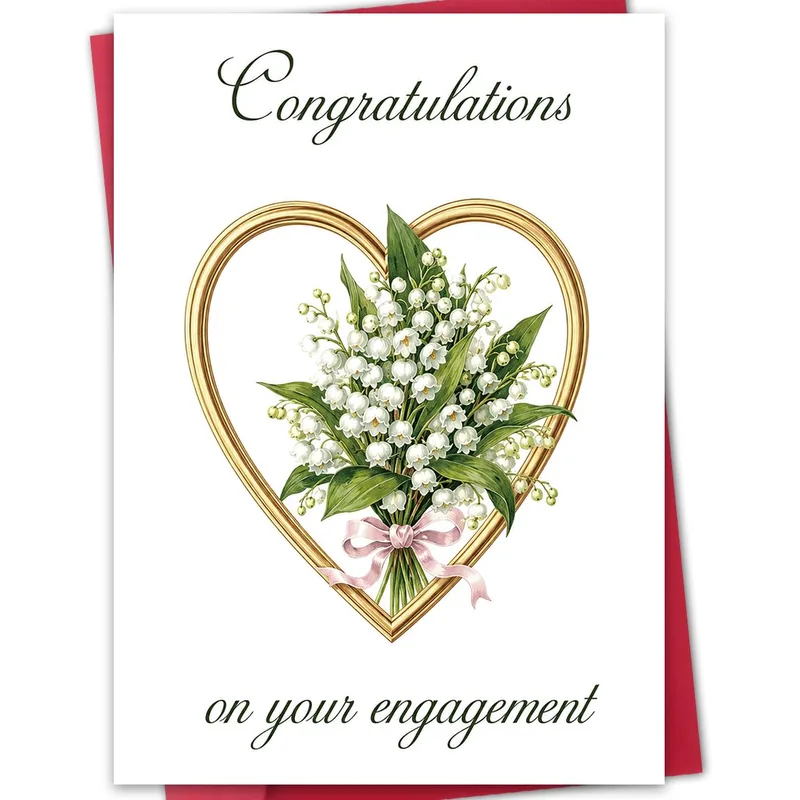 Gold Heart Engagement Card with Lily of the Valley Bouquet