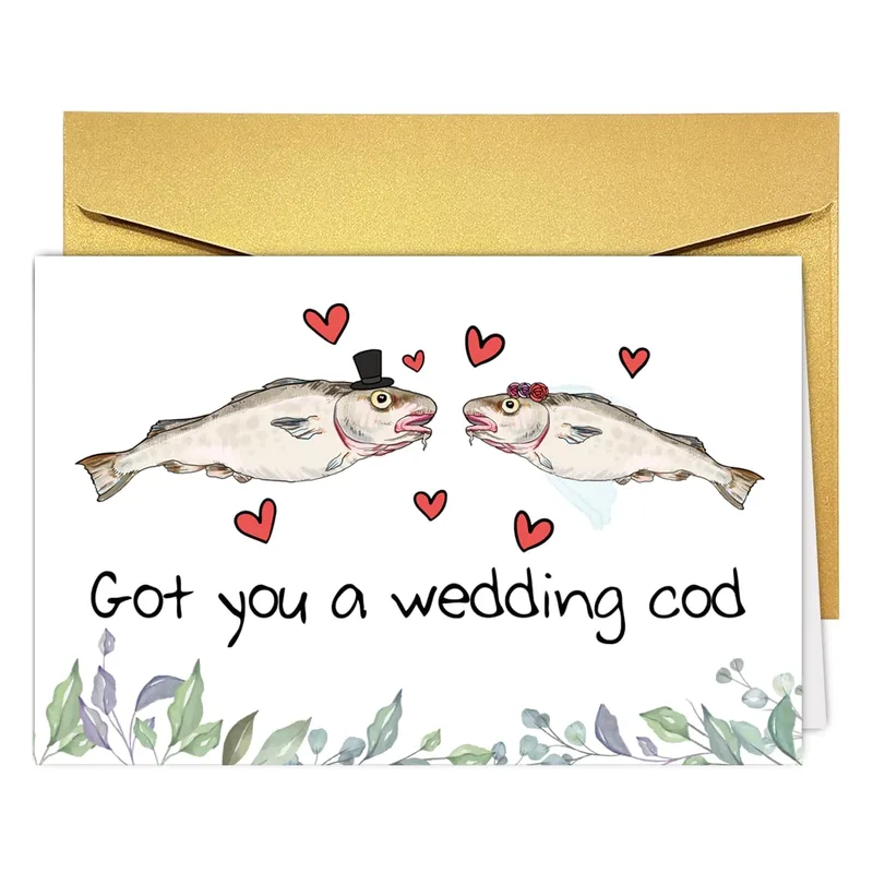Wedding Cod Card – Cartoon cod fish couple with the printed words Got you a wedding cod – Greeting Card in black