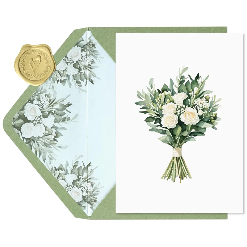 Wedding Bouquet Card with White Roses and Greenery