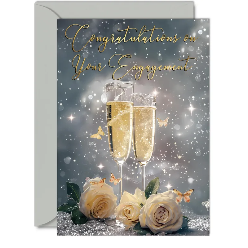 Champagne Toast Engagement Card with gold script