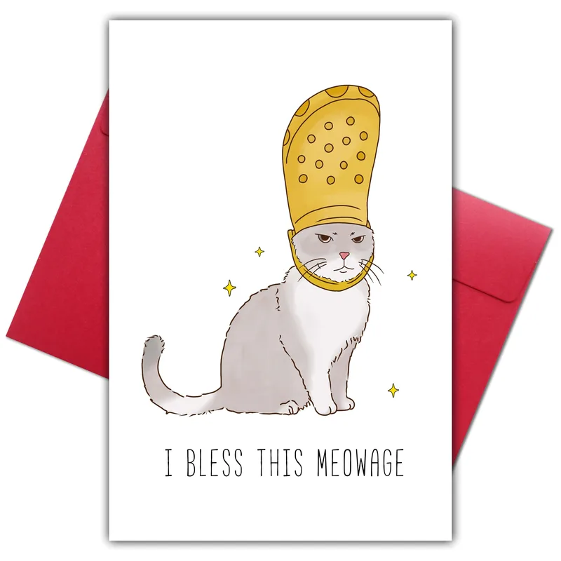 Papal Cat Card: a gray cat in a golden mitre