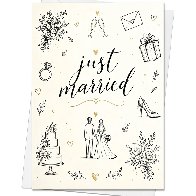 Black Line Art Wedding Card for Newlyweds and Loved Ones